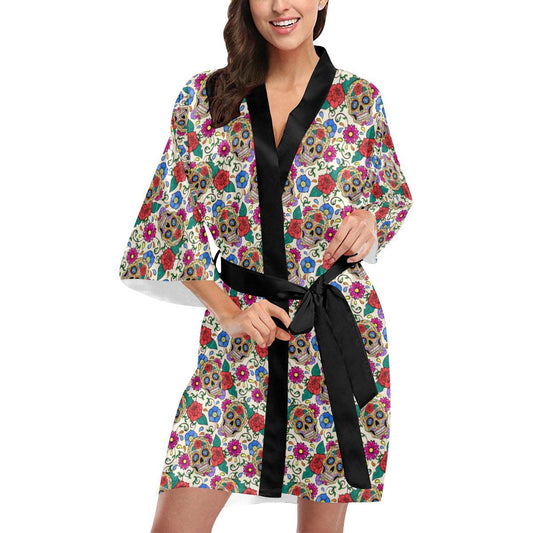 Sugar Skull Colorful Themed Print Women Short Kimono Robe