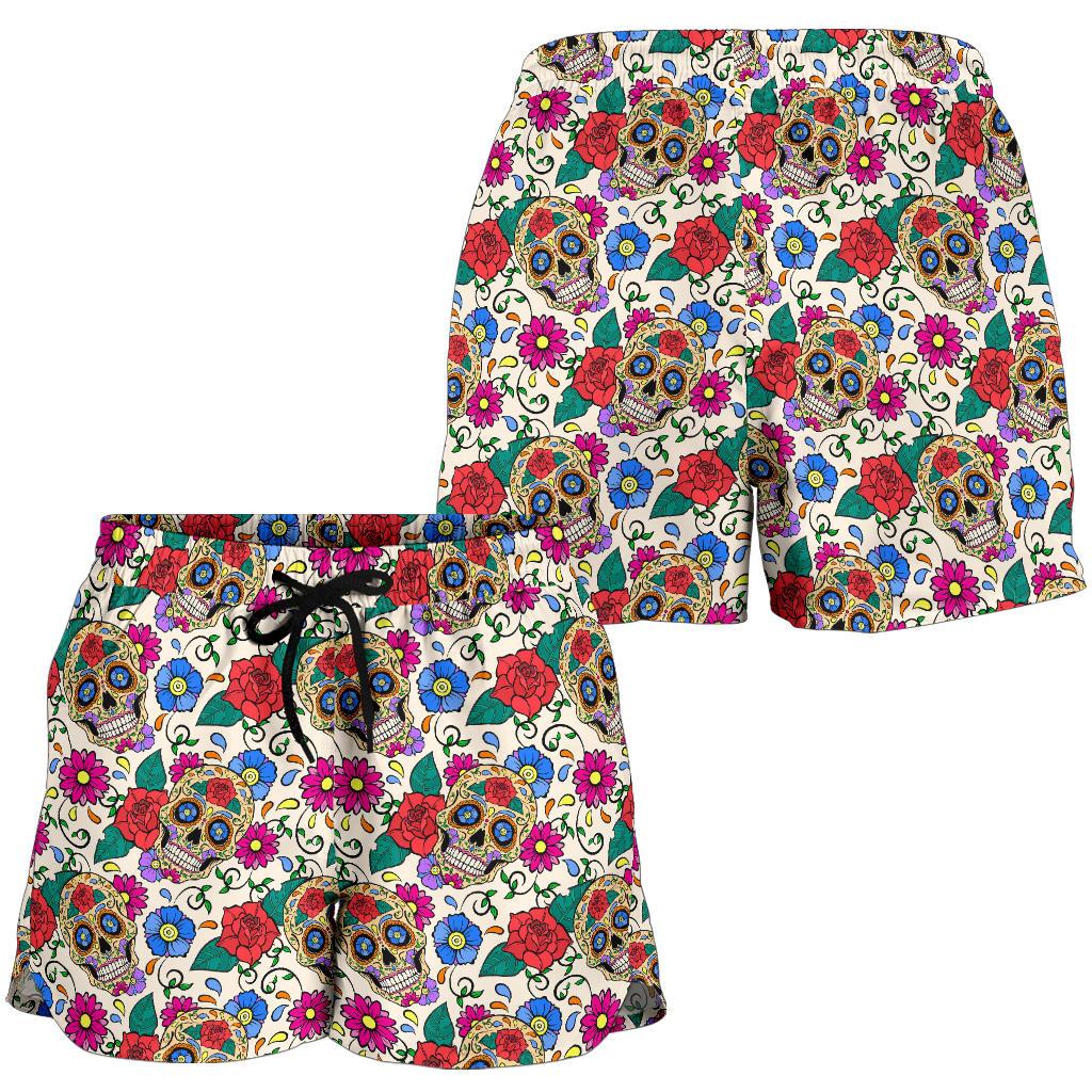 Sugar Skull Colorful Themed Print Women Shorts-JTAMIGO.COM