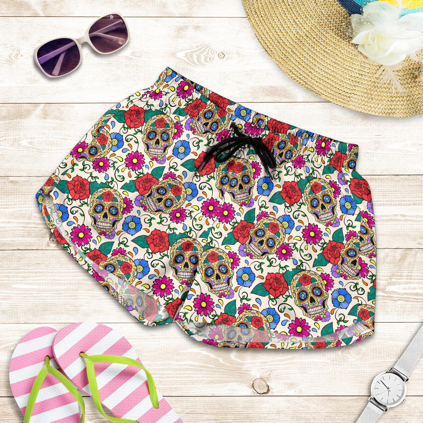 Sugar Skull Colorful Themed Print Women Shorts-JTAMIGO.COM