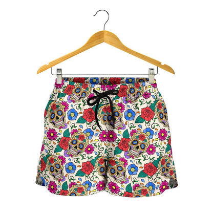 Sugar Skull Colorful Themed Print Women Shorts-JTAMIGO.COM