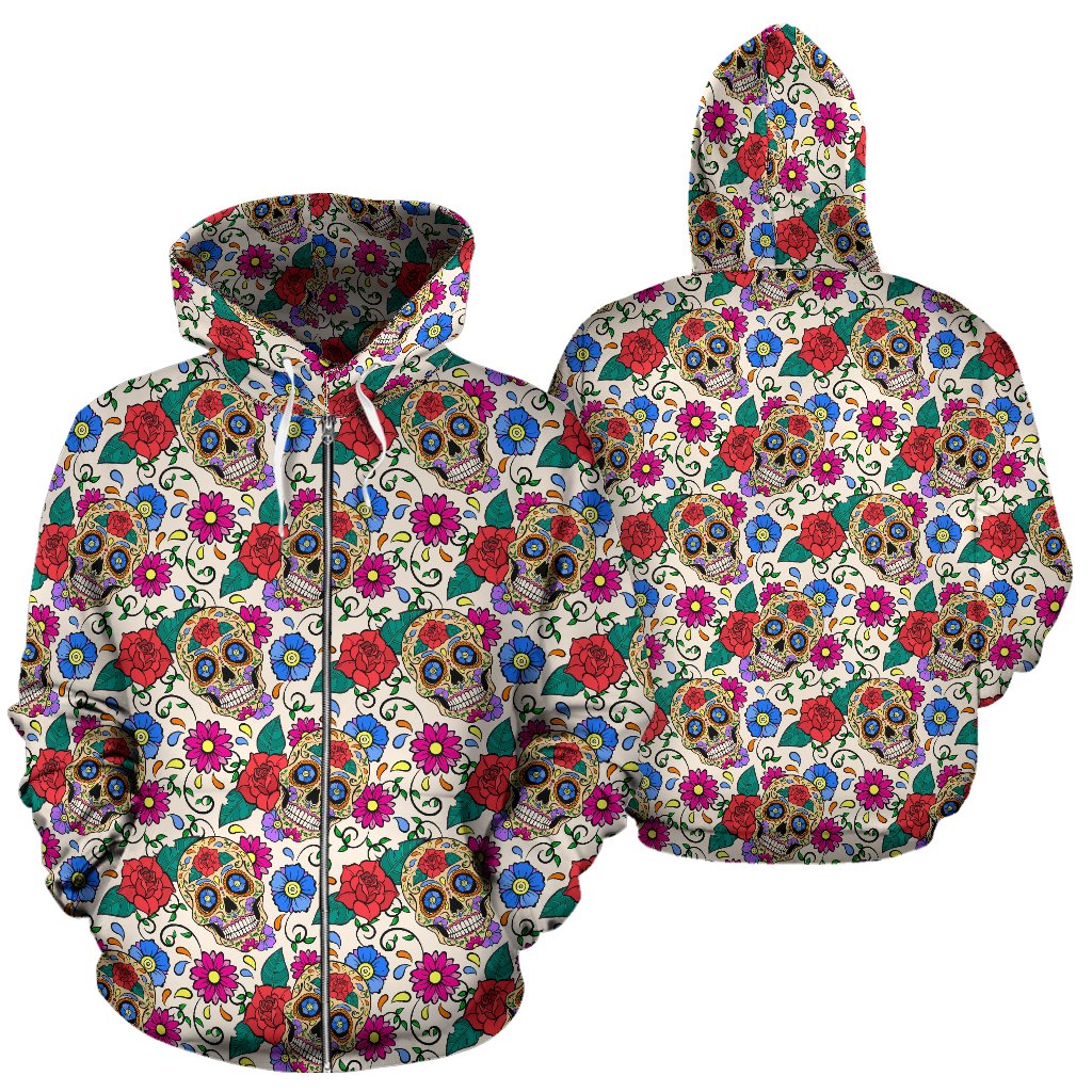 Sugar Skull Colorful Themed Print Zip Up Hoodie
