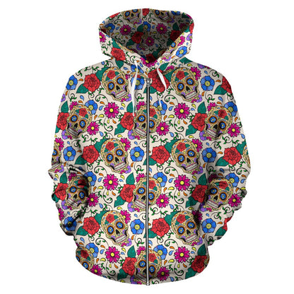 Sugar Skull Colorful Themed Print Zip Up Hoodie