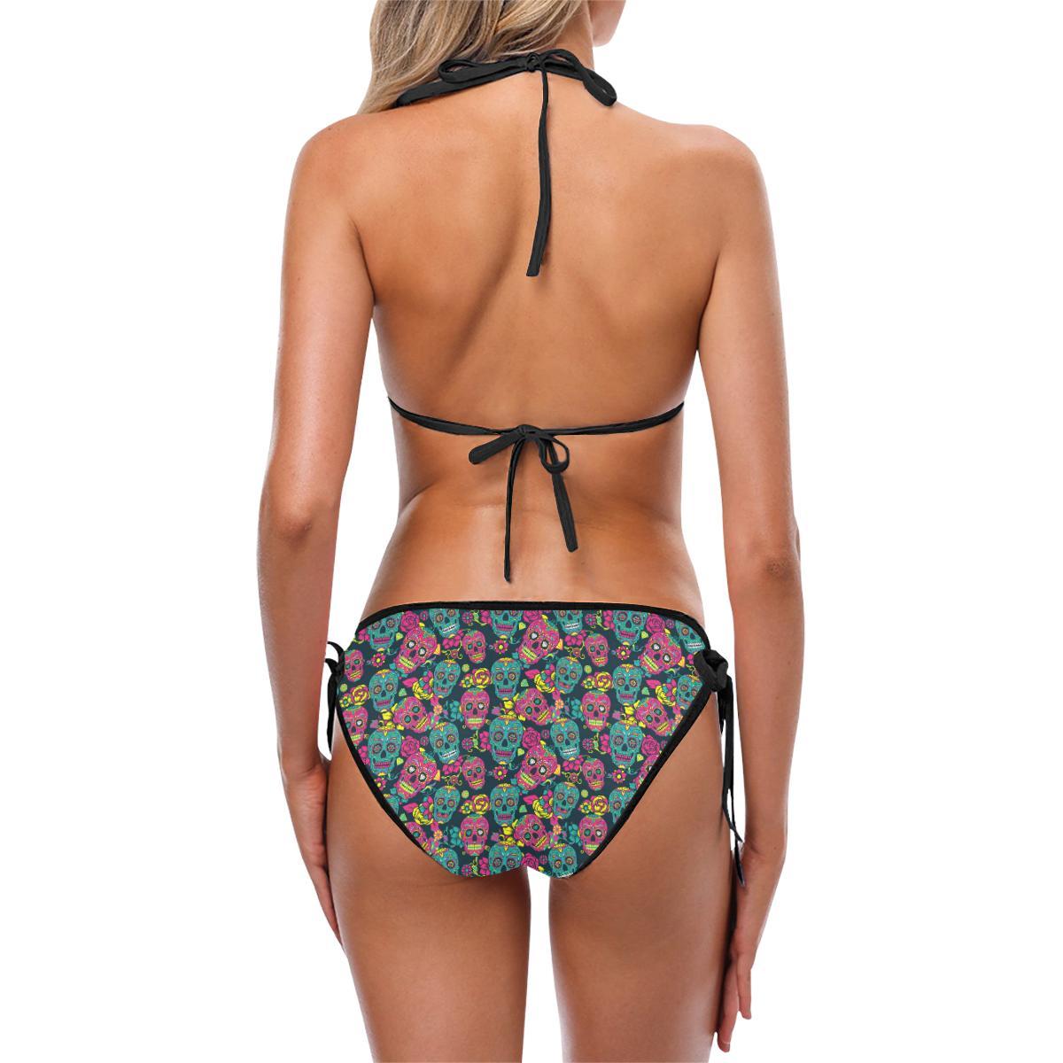 Sugar Skull Floral Design Themed Print Bikini Swimsuit-JTAMIGO.COM