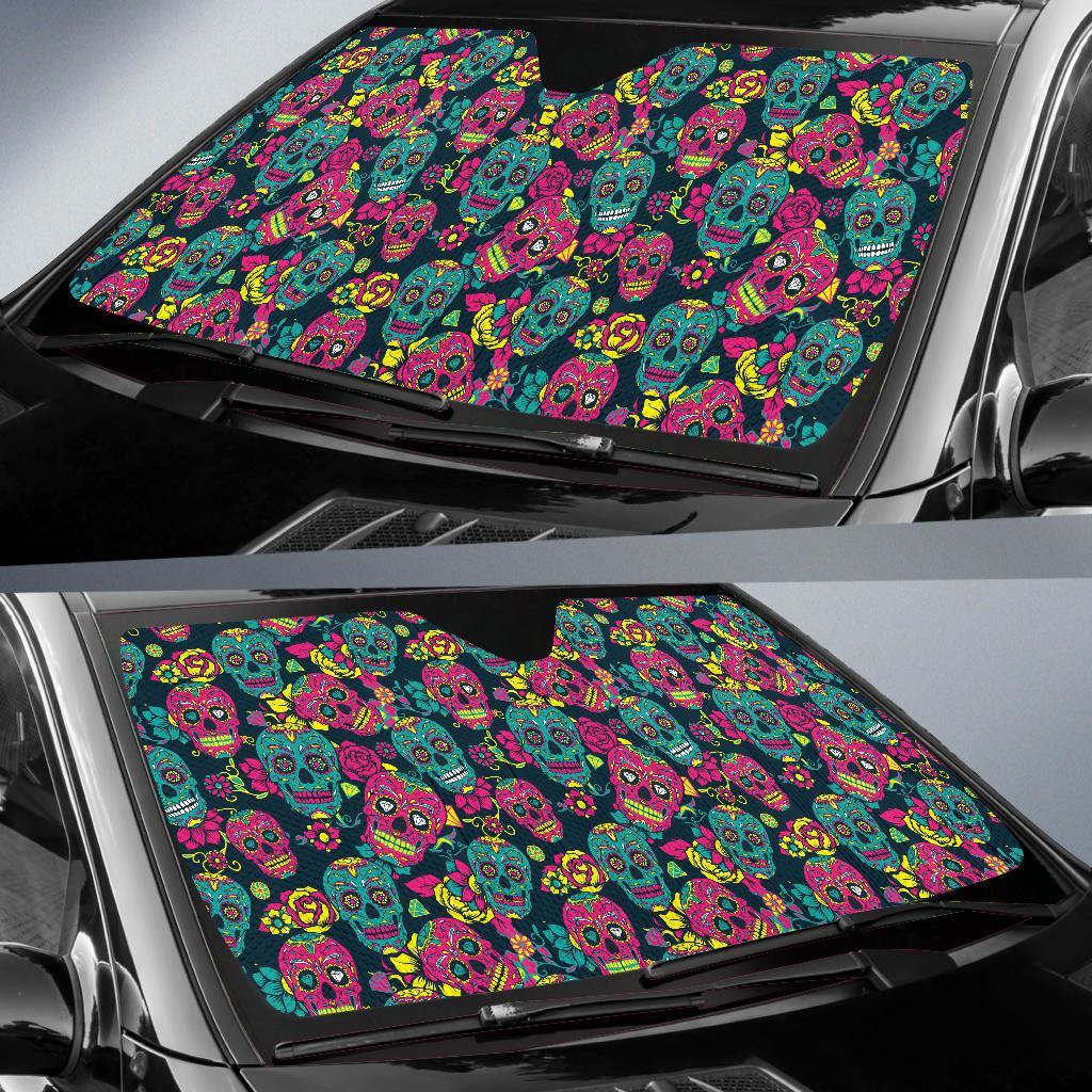 Sugar Skull Floral Design Themed Print Car Sun Shade For Windshield