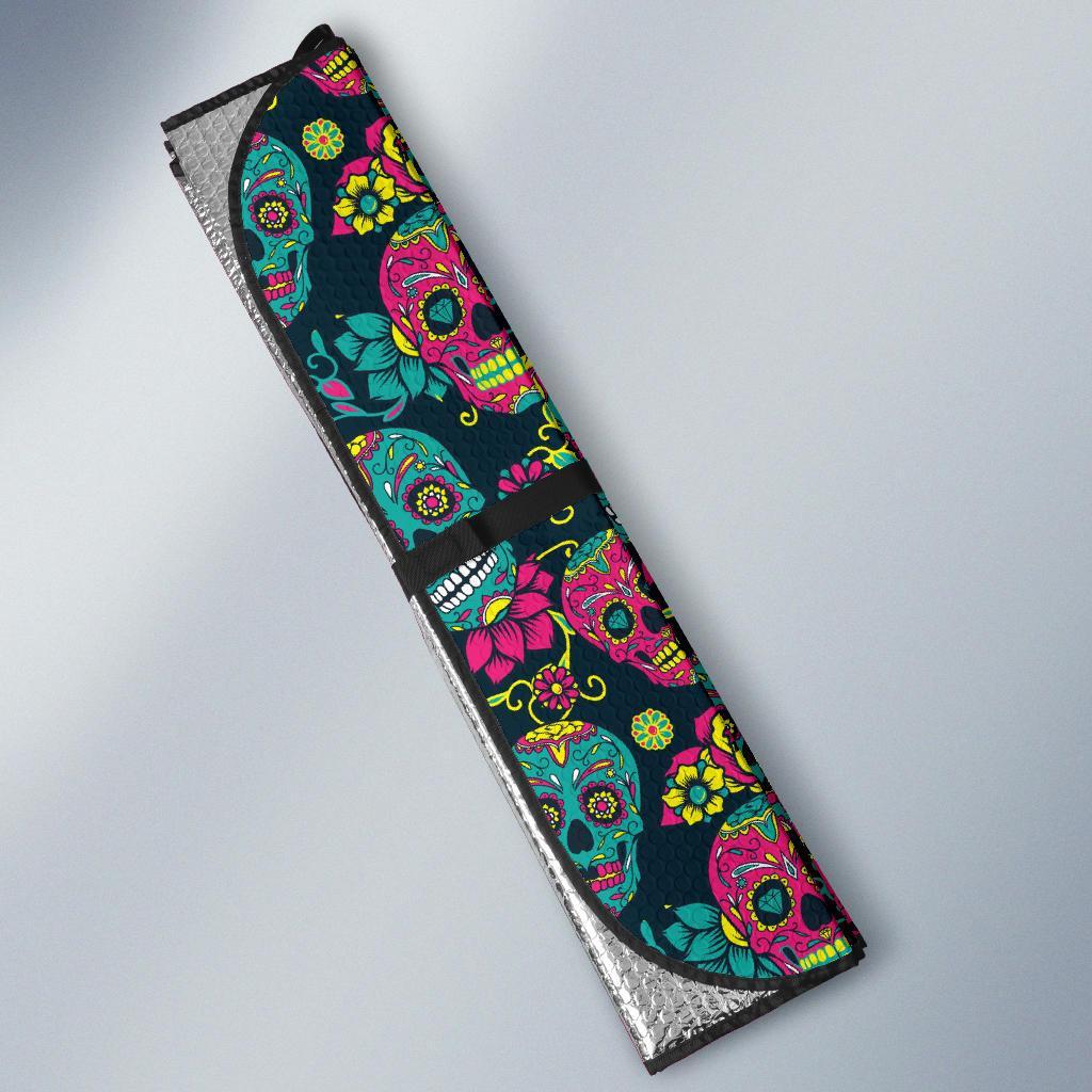 Sugar Skull Floral Design Themed Print Car Sun Shade For Windshield