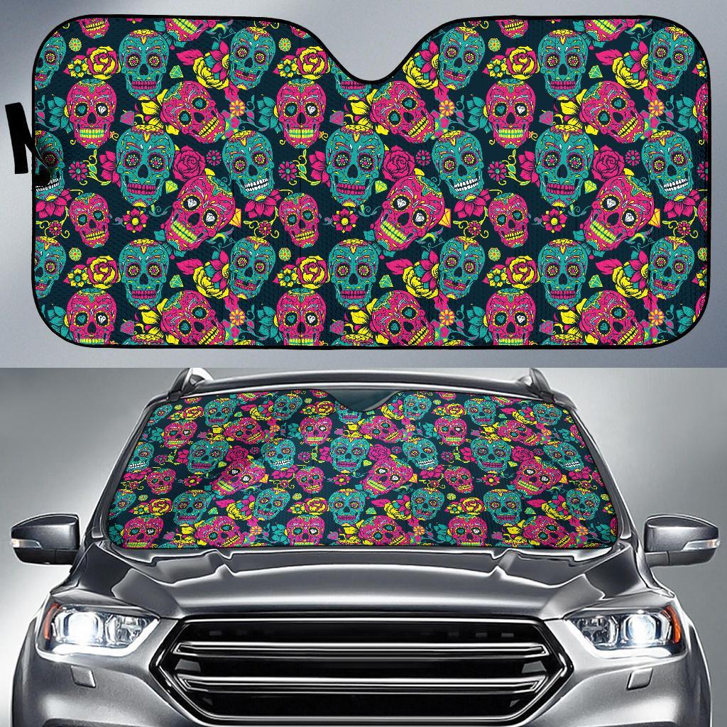 Sugar Skull Floral Design Themed Print Car Sun Shade For Windshield