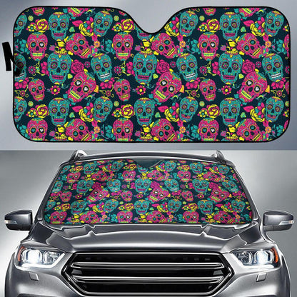 Sugar Skull Floral Design Themed Print Car Sun Shade For Windshield