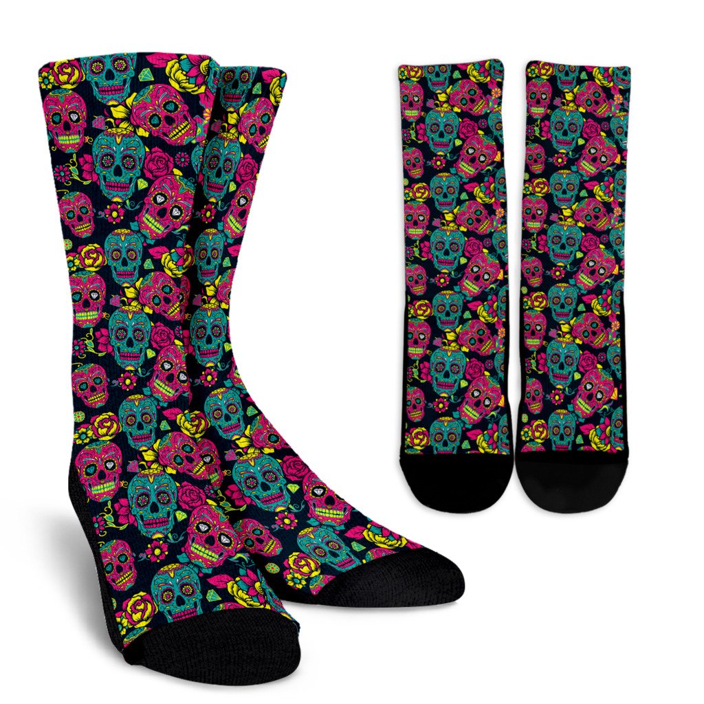 Sugar Skull Floral Design Themed Print Crew Socks
