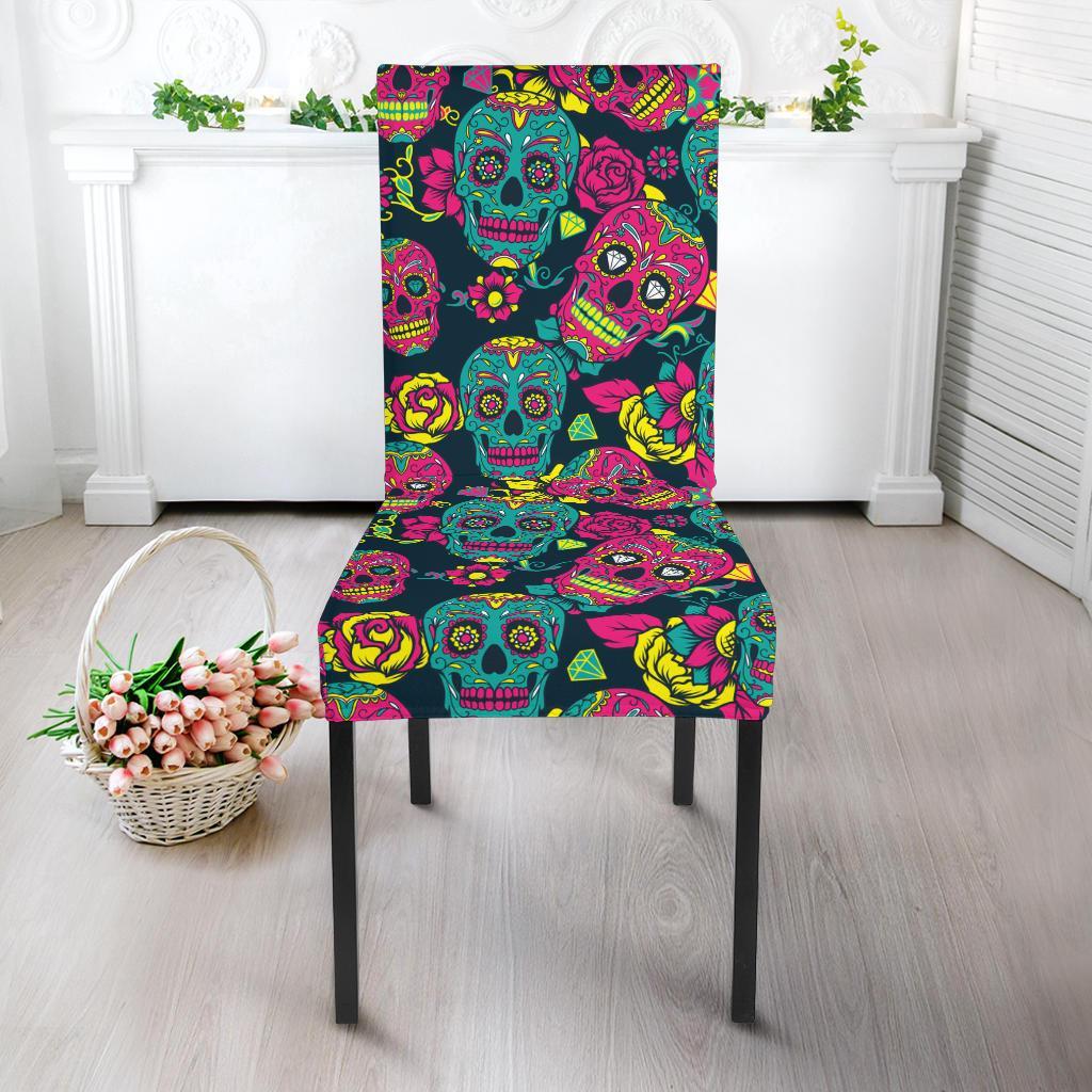 Sugar Skull Floral Design Themed Print Dining Chair Slipcover-JTAMIGO.COM