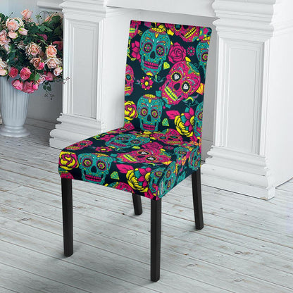 Sugar Skull Floral Design Themed Print Dining Chair Slipcover-JTAMIGO.COM