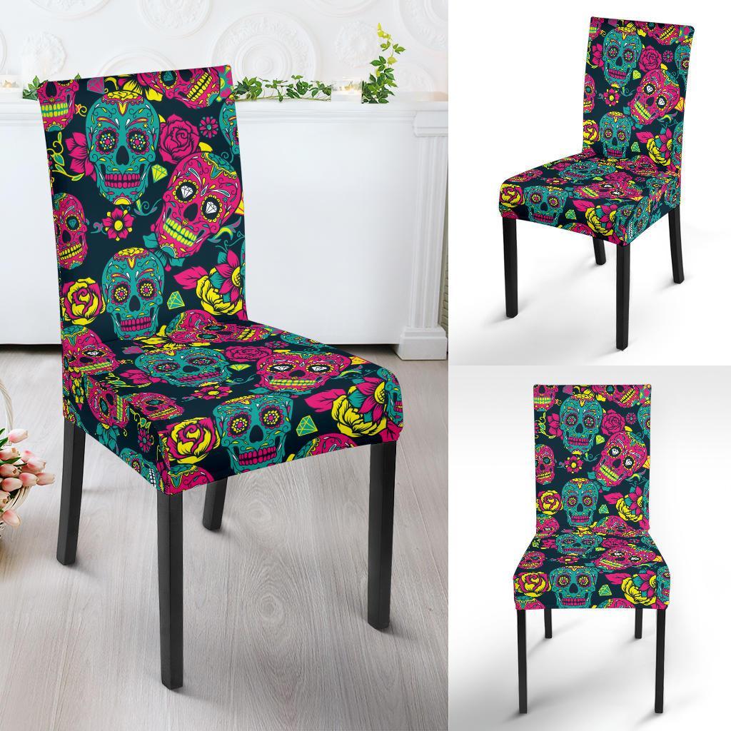 Sugar Skull Floral Design Themed Print Dining Chair Slipcover-JTAMIGO.COM
