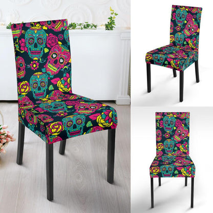 Sugar Skull Floral Design Themed Print Dining Chair Slipcover-JTAMIGO.COM