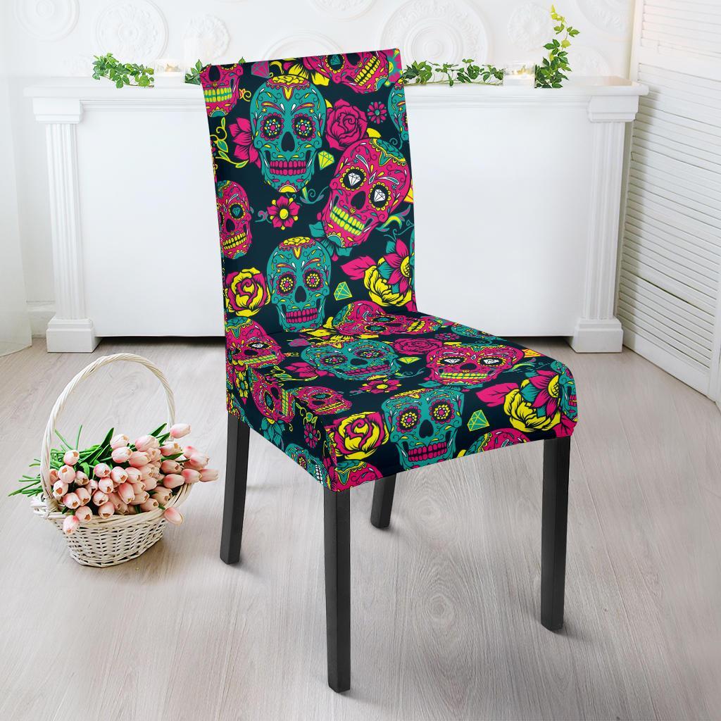 Sugar Skull Floral Design Themed Print Dining Chair Slipcover-JTAMIGO.COM