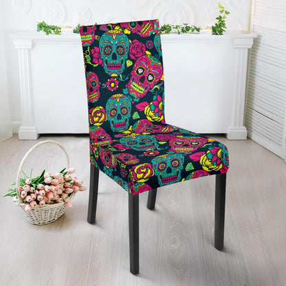 Sugar Skull Floral Design Themed Print Dining Chair Slipcover-JTAMIGO.COM