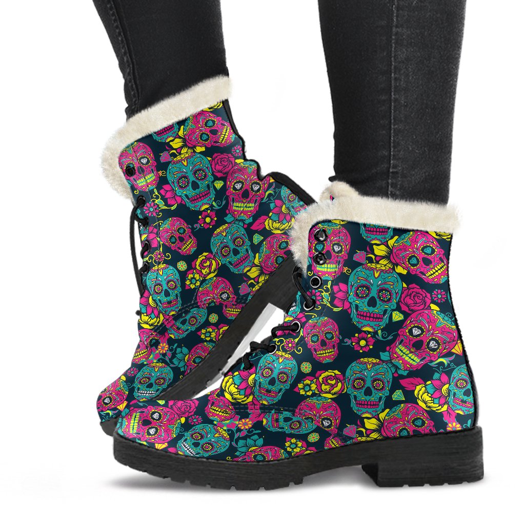 Sugar Skull Floral Design Themed Print Faux Fur Leather Boots-JTAMIGO.COM