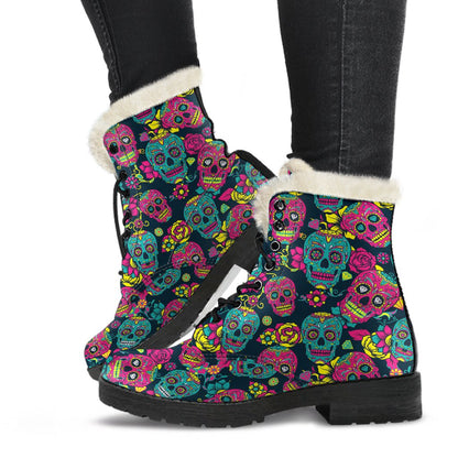Sugar Skull Floral Design Themed Print Faux Fur Leather Boots-JTAMIGO.COM