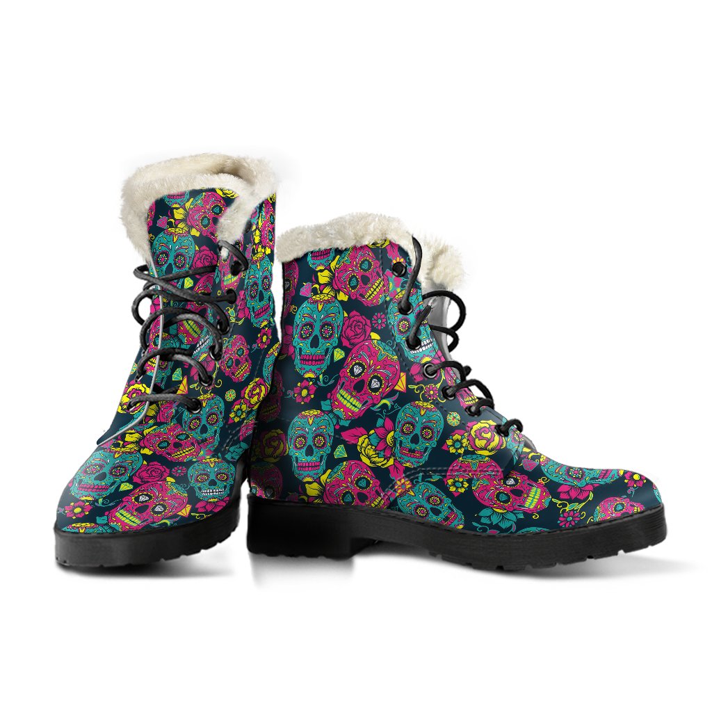 Sugar Skull Floral Design Themed Print Faux Fur Leather Boots-JTAMIGO.COM