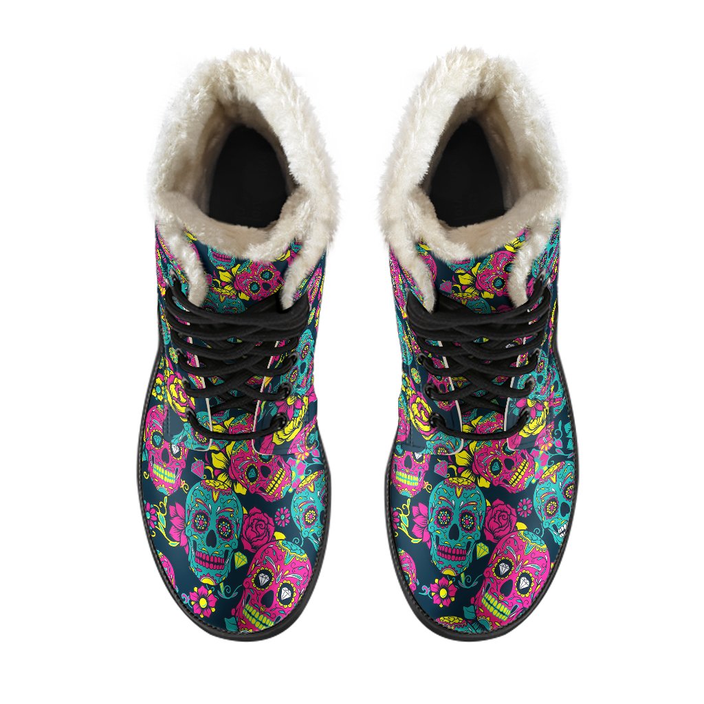 Sugar Skull Floral Design Themed Print Faux Fur Leather Boots-JTAMIGO.COM
