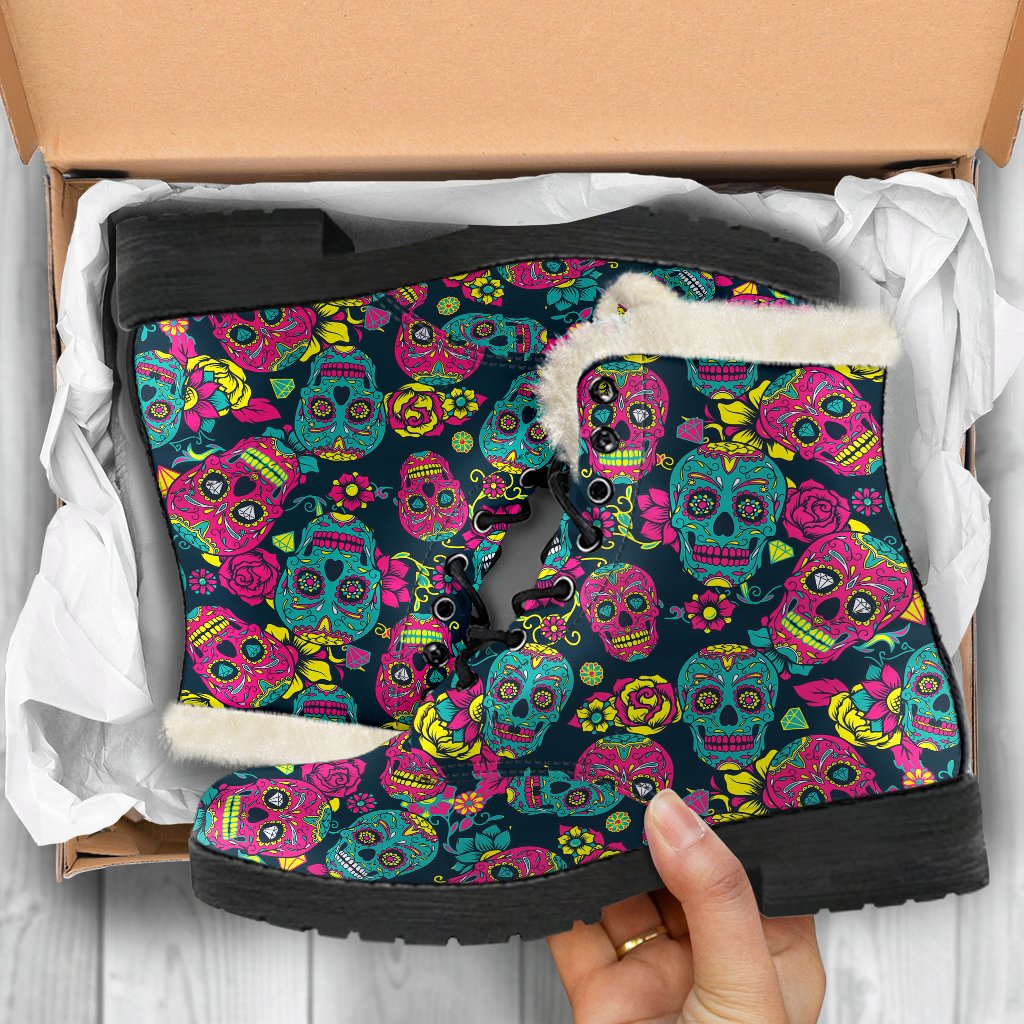 Sugar Skull Floral Design Themed Print Faux Fur Leather Boots-JTAMIGO.COM