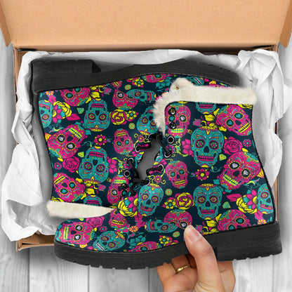Sugar Skull Floral Design Themed Print Faux Fur Leather Boots-JTAMIGO.COM