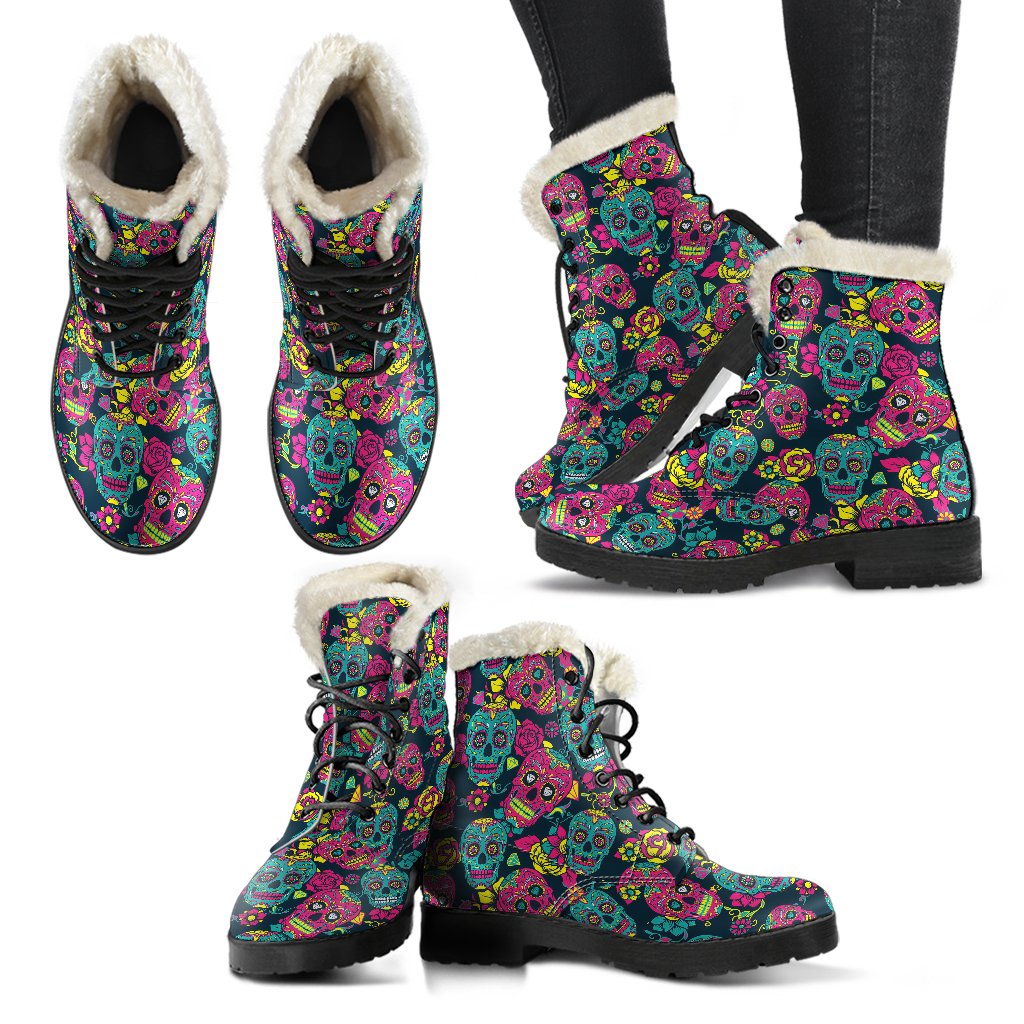 Sugar Skull Floral Design Themed Print Faux Fur Leather Boots-JTAMIGO.COM