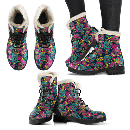 Sugar Skull Floral Design Themed Print Faux Fur Leather Boots-JTAMIGO.COM