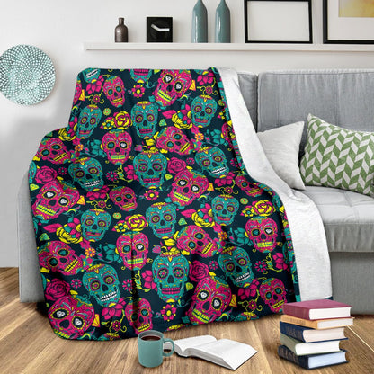 Sugar Skull Floral Design Themed Print Fleece Blanket