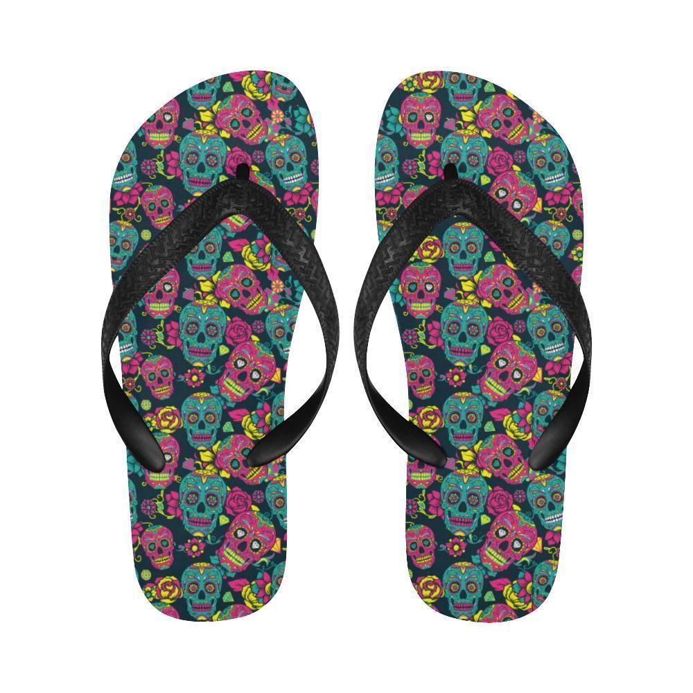 Sugar Skull Floral Design Themed Print Flip Flops-JTAMIGO.COM