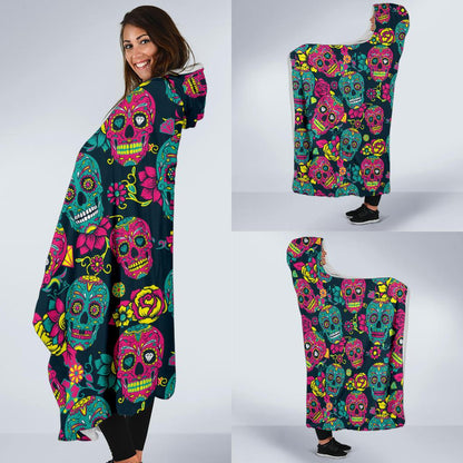 Sugar Skull Floral Design Themed Print Hooded Blanket-JTAMIGO.COM