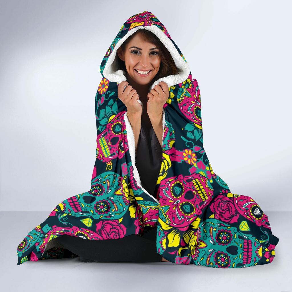 Sugar Skull Floral Design Themed Print Hooded Blanket-JTAMIGO.COM