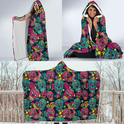 Sugar Skull Floral Design Themed Print Hooded Blanket-JTAMIGO.COM