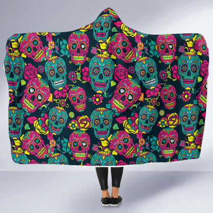 Sugar Skull Floral Design Themed Print Hooded Blanket-JTAMIGO.COM