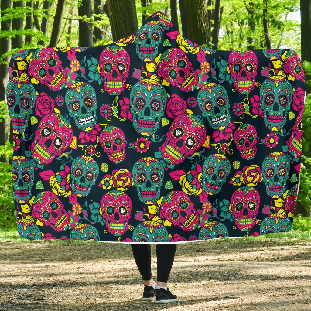 Sugar Skull Floral Design Themed Print Hooded Blanket-JTAMIGO.COM