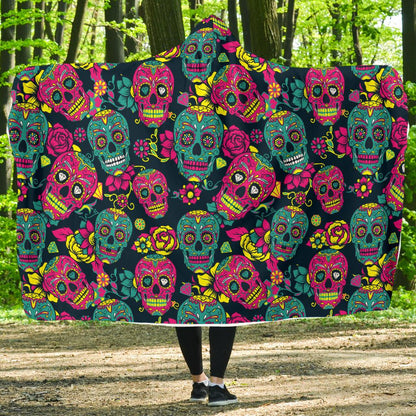 Sugar Skull Floral Design Themed Print Hooded Blanket-JTAMIGO.COM