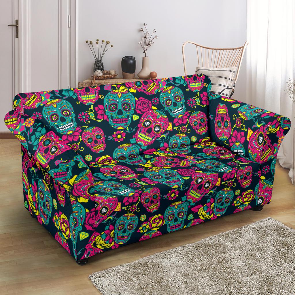 Sugar Skull Floral Design Themed Print Loveseat Slipcover-JTAMIGO.COM