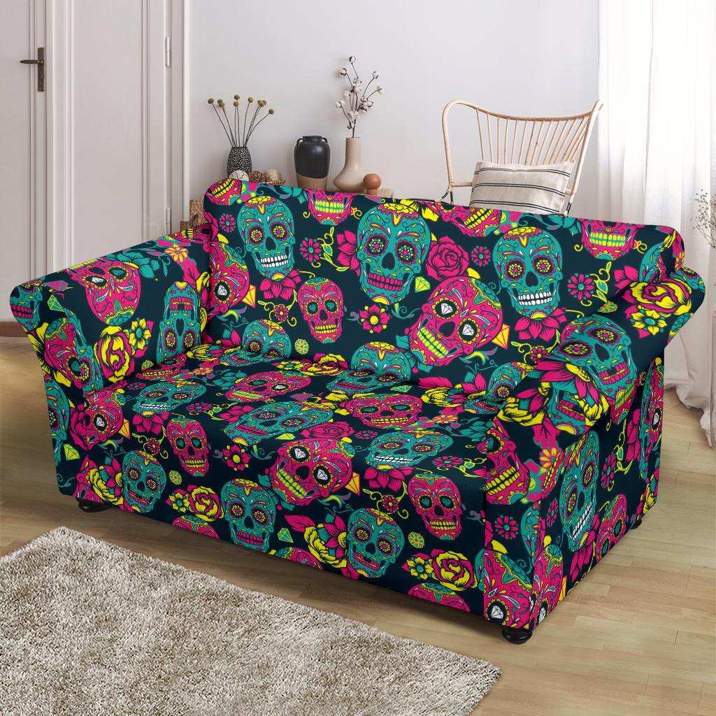 Sugar Skull Floral Design Themed Print Loveseat Slipcover-JTAMIGO.COM
