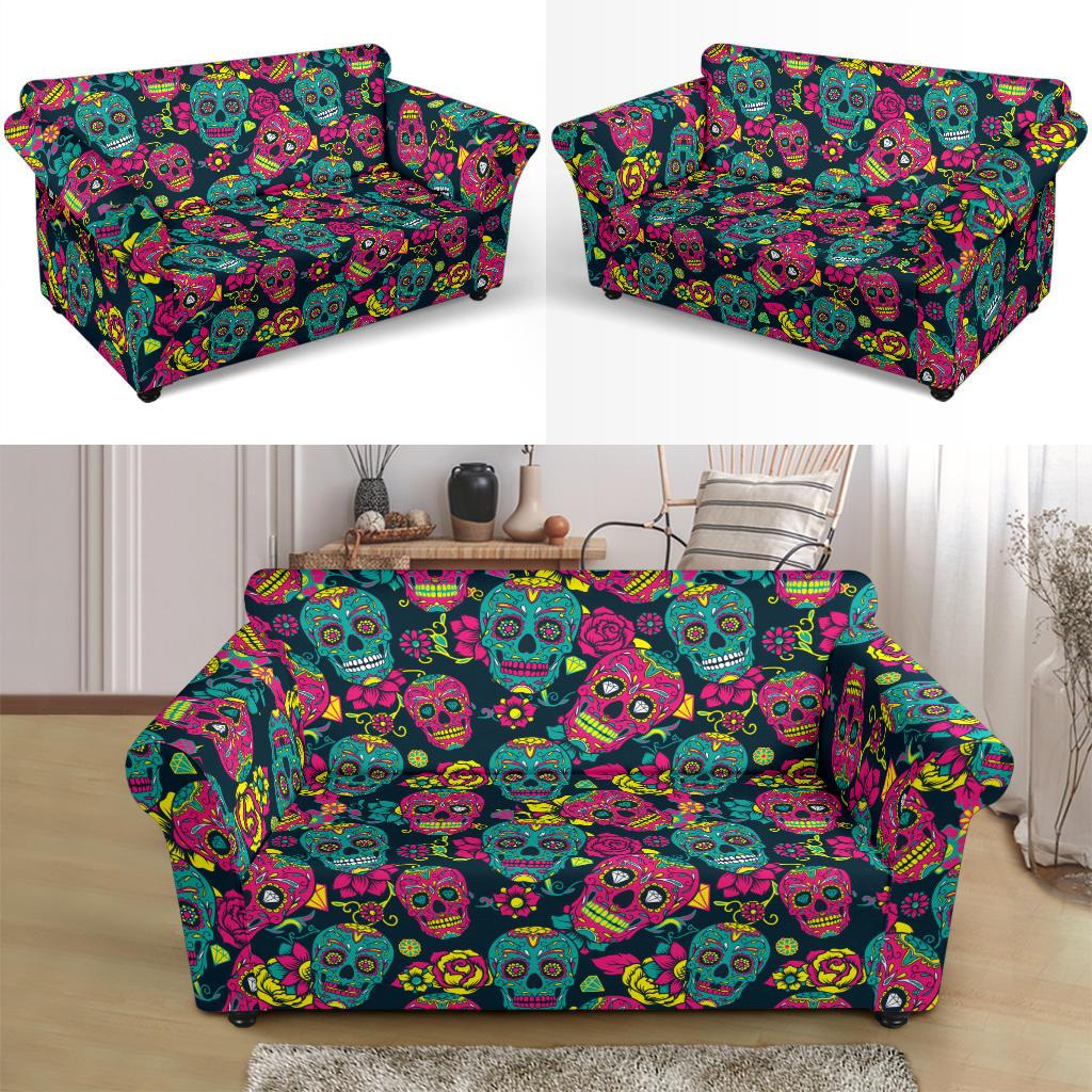 Sugar Skull Floral Design Themed Print Loveseat Slipcover-JTAMIGO.COM