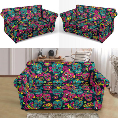 Sugar Skull Floral Design Themed Print Loveseat Slipcover-JTAMIGO.COM