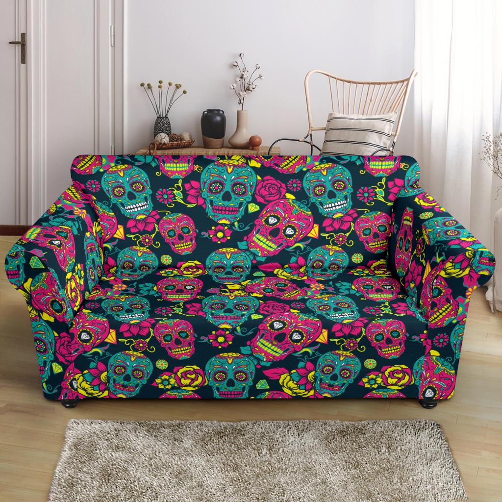 Sugar Skull Floral Design Themed Print Loveseat Slipcover-JTAMIGO.COM