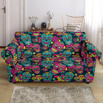 Sugar Skull Floral Design Themed Print Loveseat Slipcover-JTAMIGO.COM