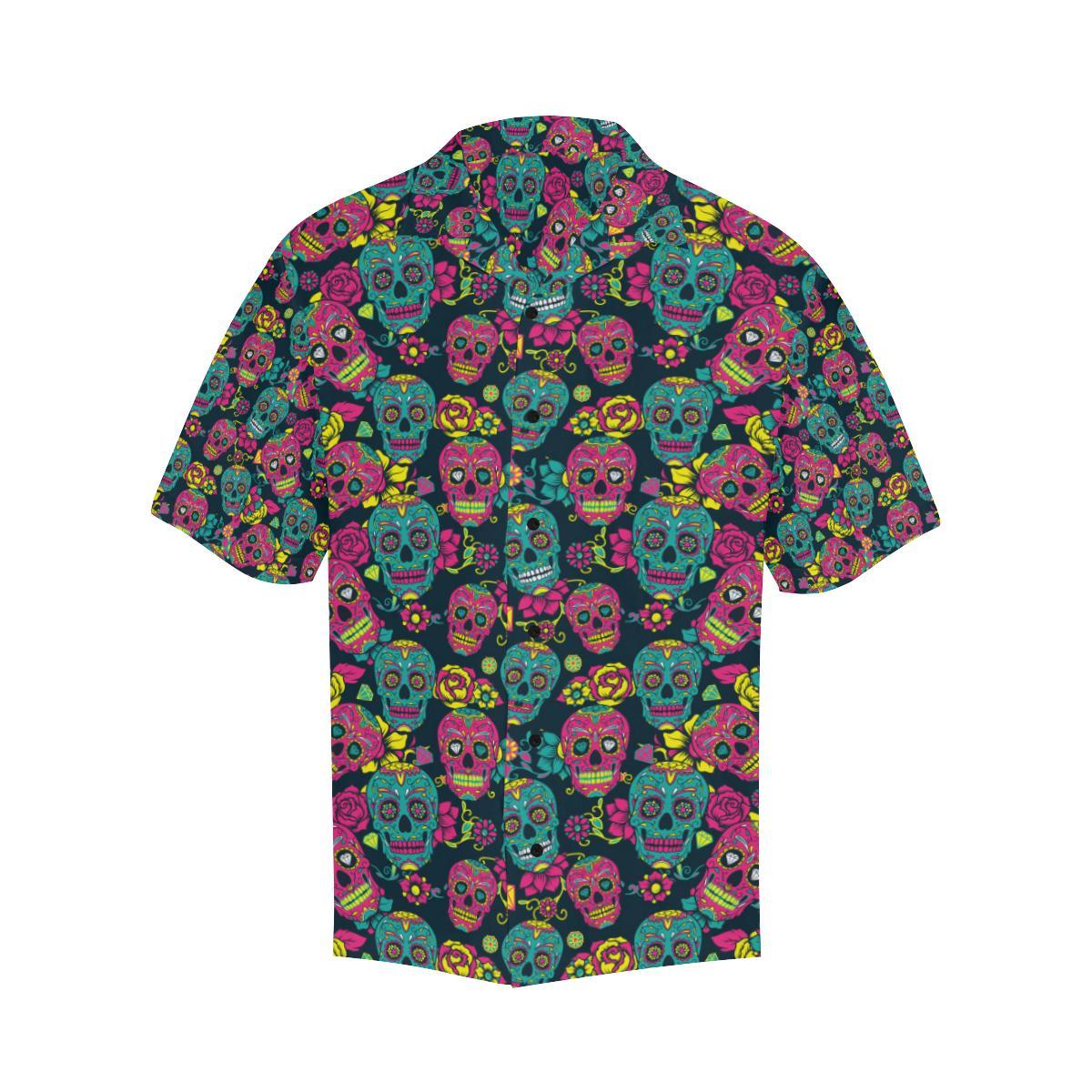 Sugar Skull Floral Design Themed Print Men Aloha Hawaiian Shirt