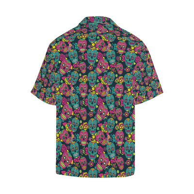 Sugar Skull Floral Design Themed Print Men Aloha Hawaiian Shirt