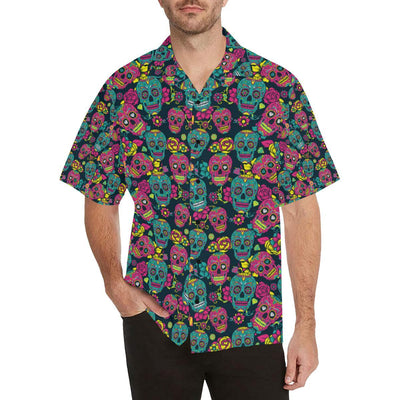 Sugar Skull Floral Design Themed Print Men Aloha Hawaiian Shirt