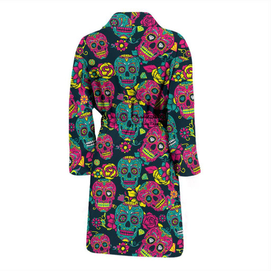 Sugar Skull Floral Design Themed Print Men Bath Robe-JTAMIGO.COM