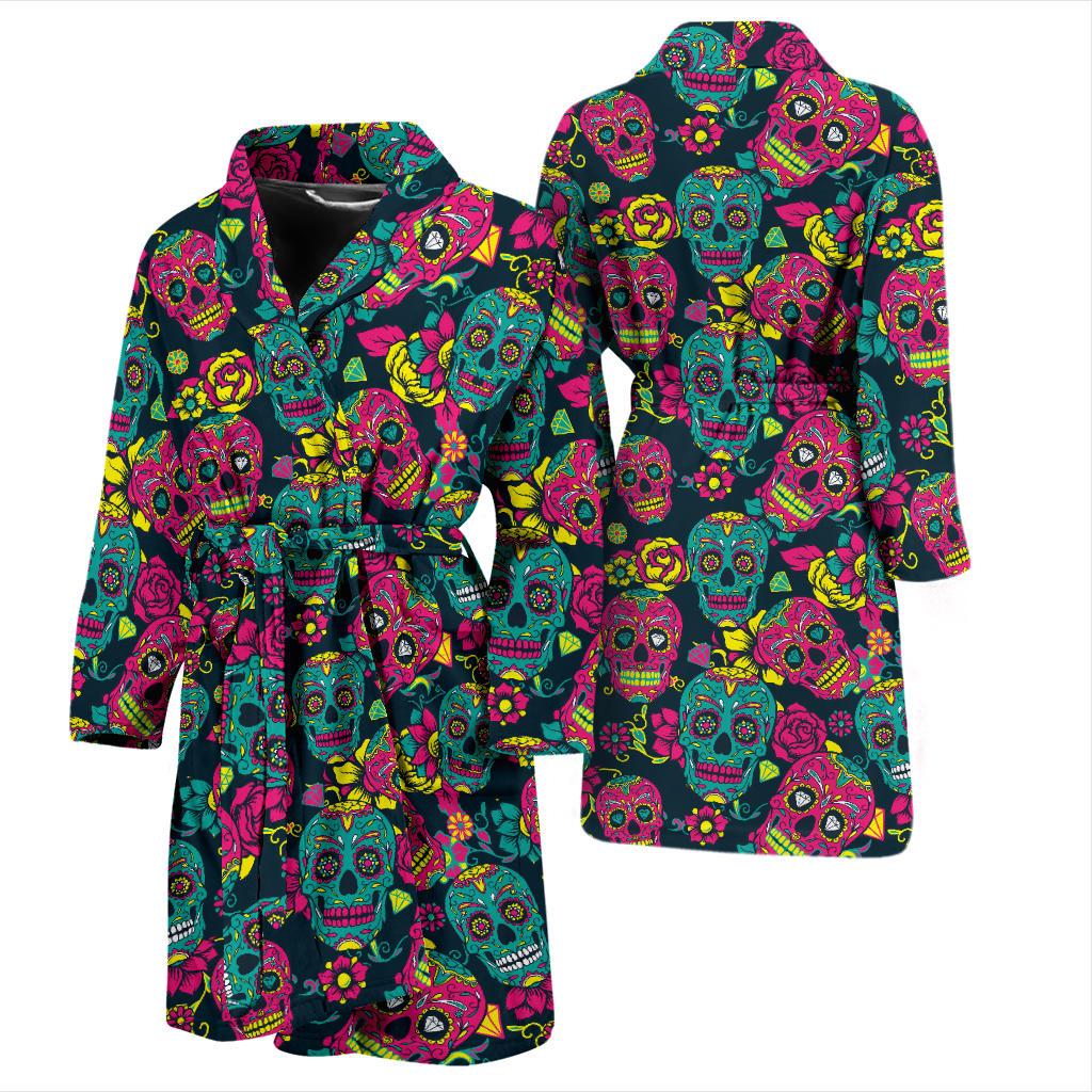 Sugar Skull Floral Design Themed Print Men Bath Robe-JTAMIGO.COM
