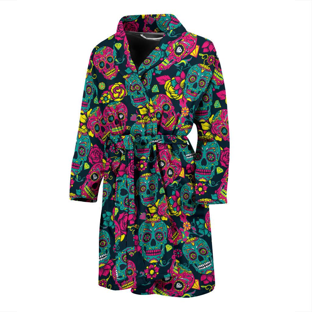 Sugar Skull Floral Design Themed Print Men Bath Robe-JTAMIGO.COM