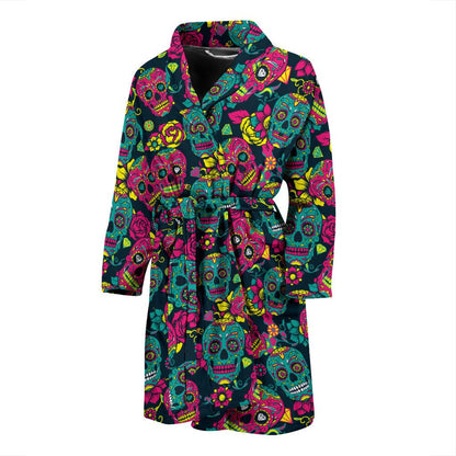 Sugar Skull Floral Design Themed Print Men Bath Robe-JTAMIGO.COM
