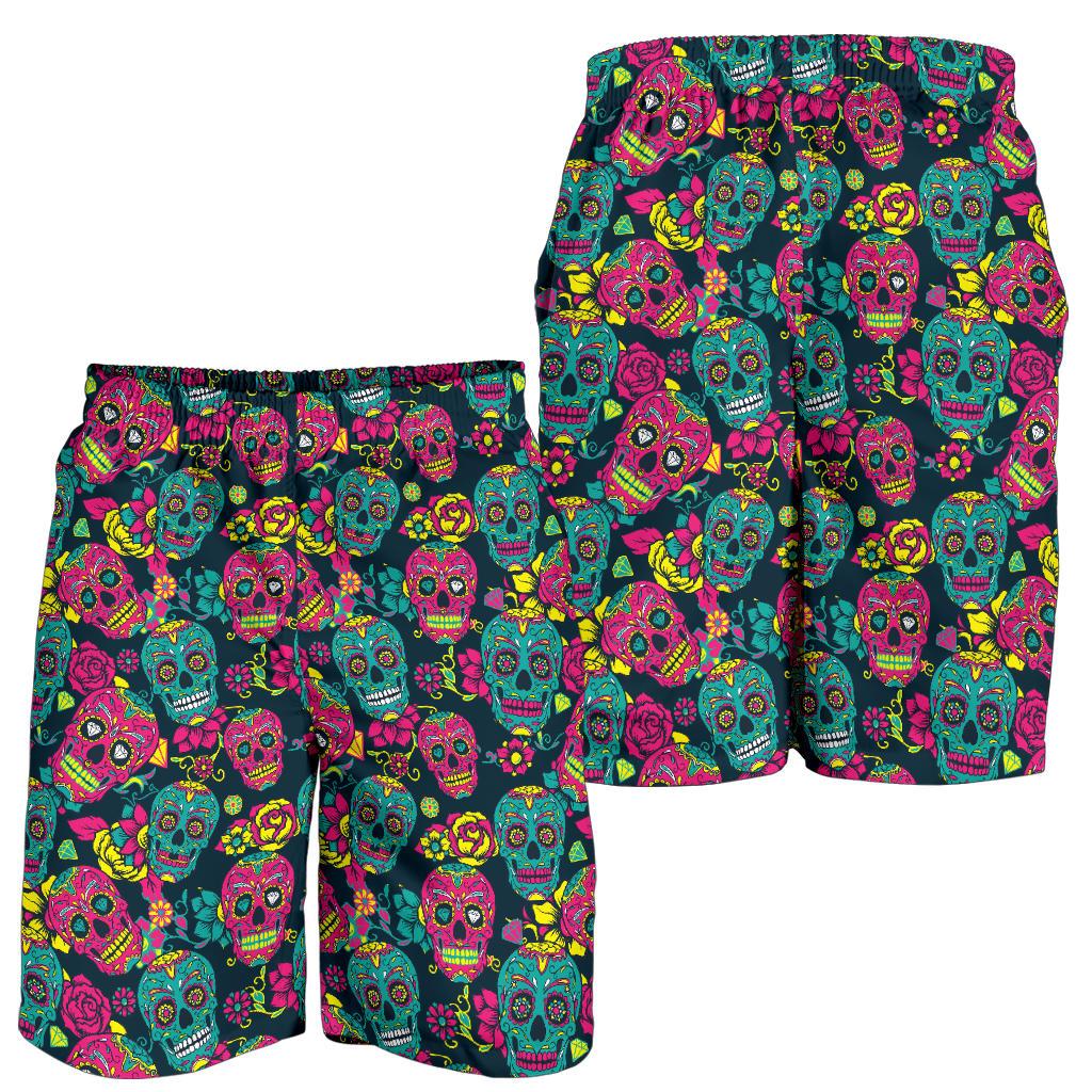 Sugar Skull Floral Design Themed Print Mens Shorts-JTAMIGO.COM
