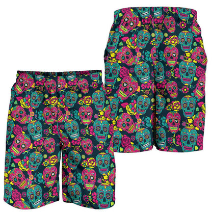 Sugar Skull Floral Design Themed Print Mens Shorts-JTAMIGO.COM