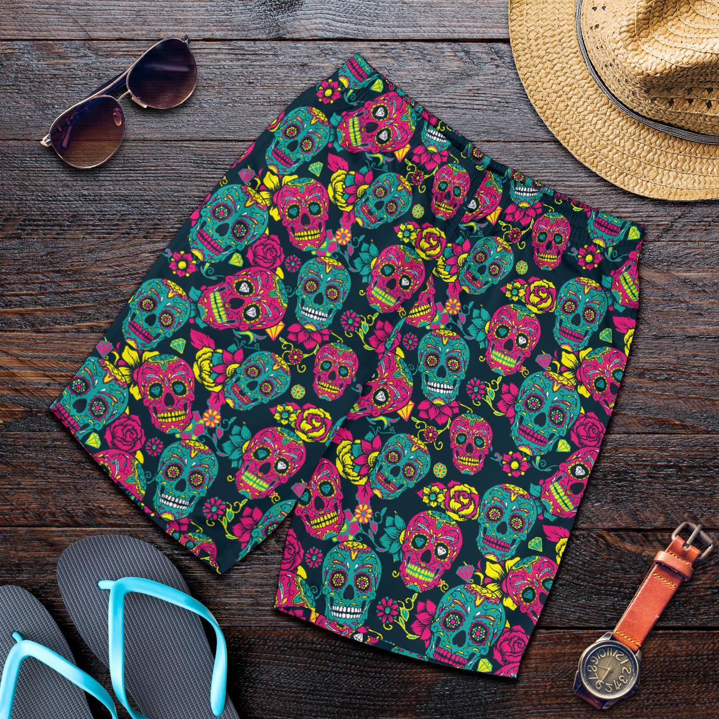 Sugar Skull Floral Design Themed Print Mens Shorts-JTAMIGO.COM
